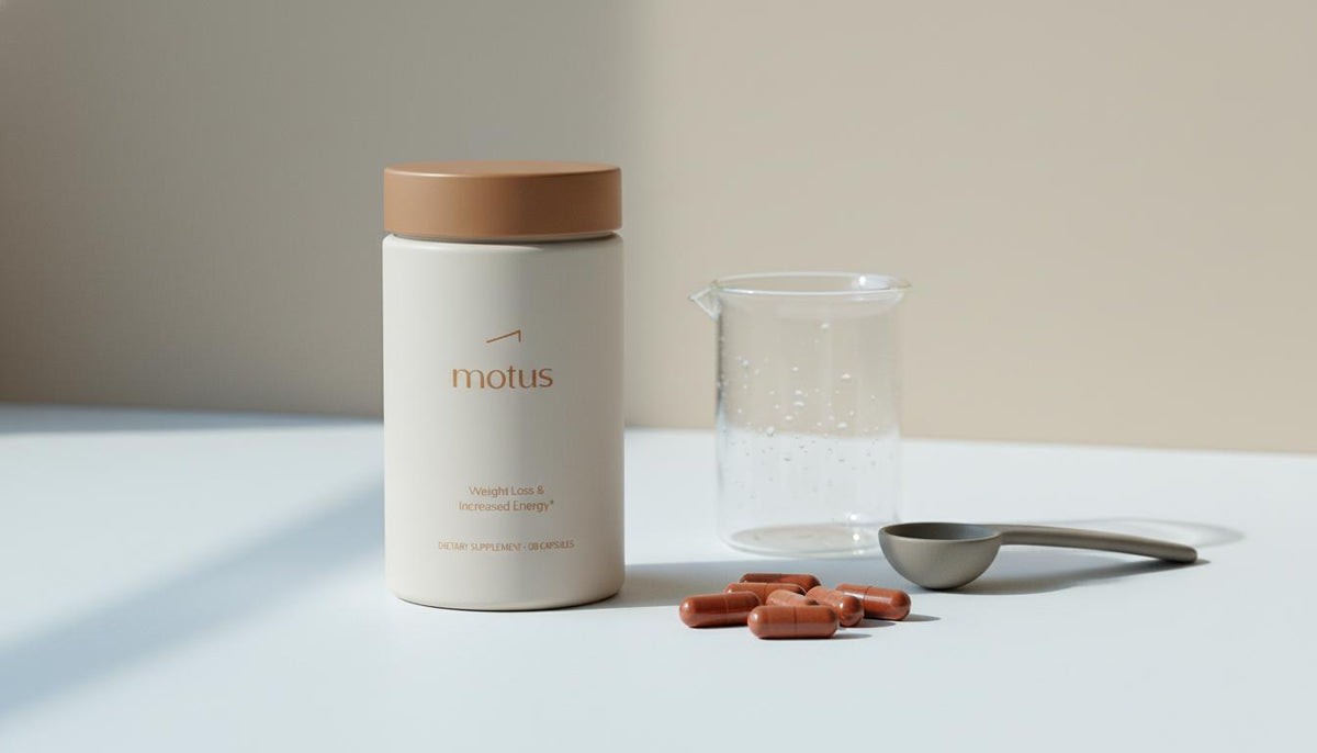 Minimalist still life showing Tonum Motus supplement container with R-ALA capsules and a small glass beaker on a subtle beige #F2E5D5 background, illustrating how much R-ALA for weight loss