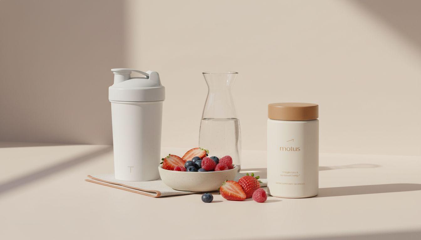 Minimal kitchen counter with Tonum Motus jar, neutral shaker, bowl of mixed berries and carafe of water, evoking meal-replacement routine — how much weight can I lose in 2 weeks on shakes?