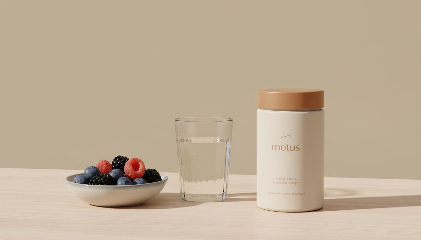 How much weight can you lose on berberine? Minimal still-life of Tonum Motus supplement on a light wooden countertop with berries and a glass of water against a beige #F2E5D5 background.