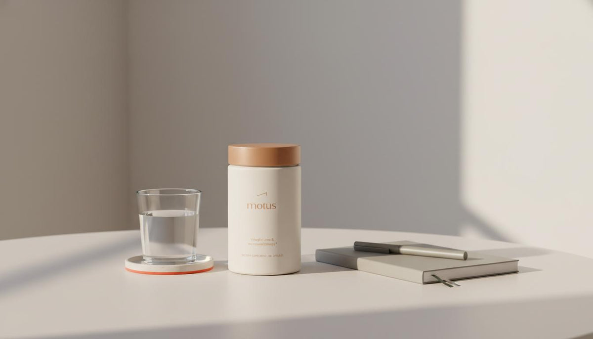 Minimalist kitchen table with Tonum Motus supplement jar, glass of water and notebook evoking evidence-backed morning rituals for metabolism and weight support — how much weight can you lose with berberine in a month