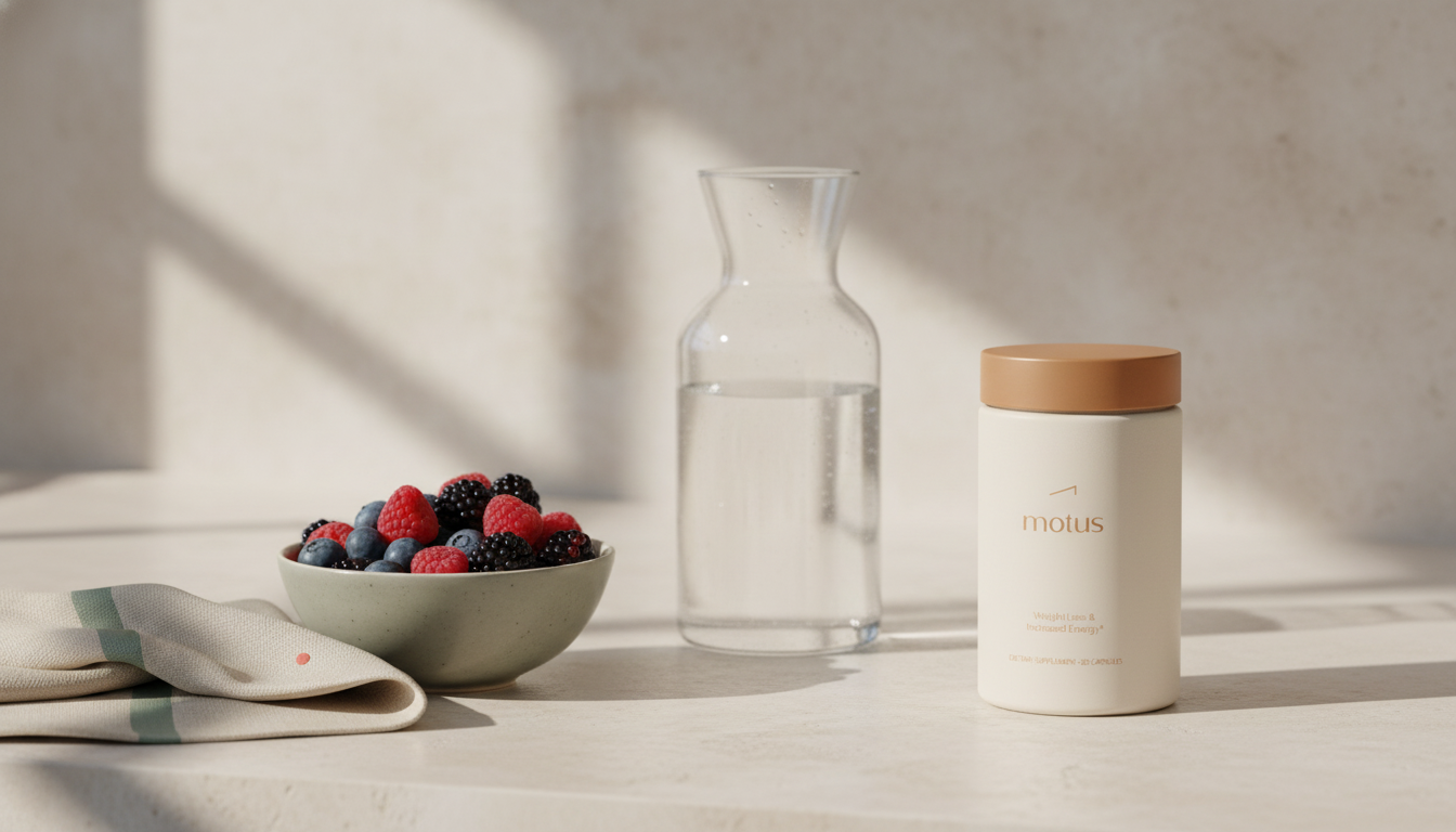 How often should I get B12 shots for weight loss? Minimalist kitchen scene with Motus supplement bottle, bowl of berries and glass carafe in soft morning light, Tonum brand colors.