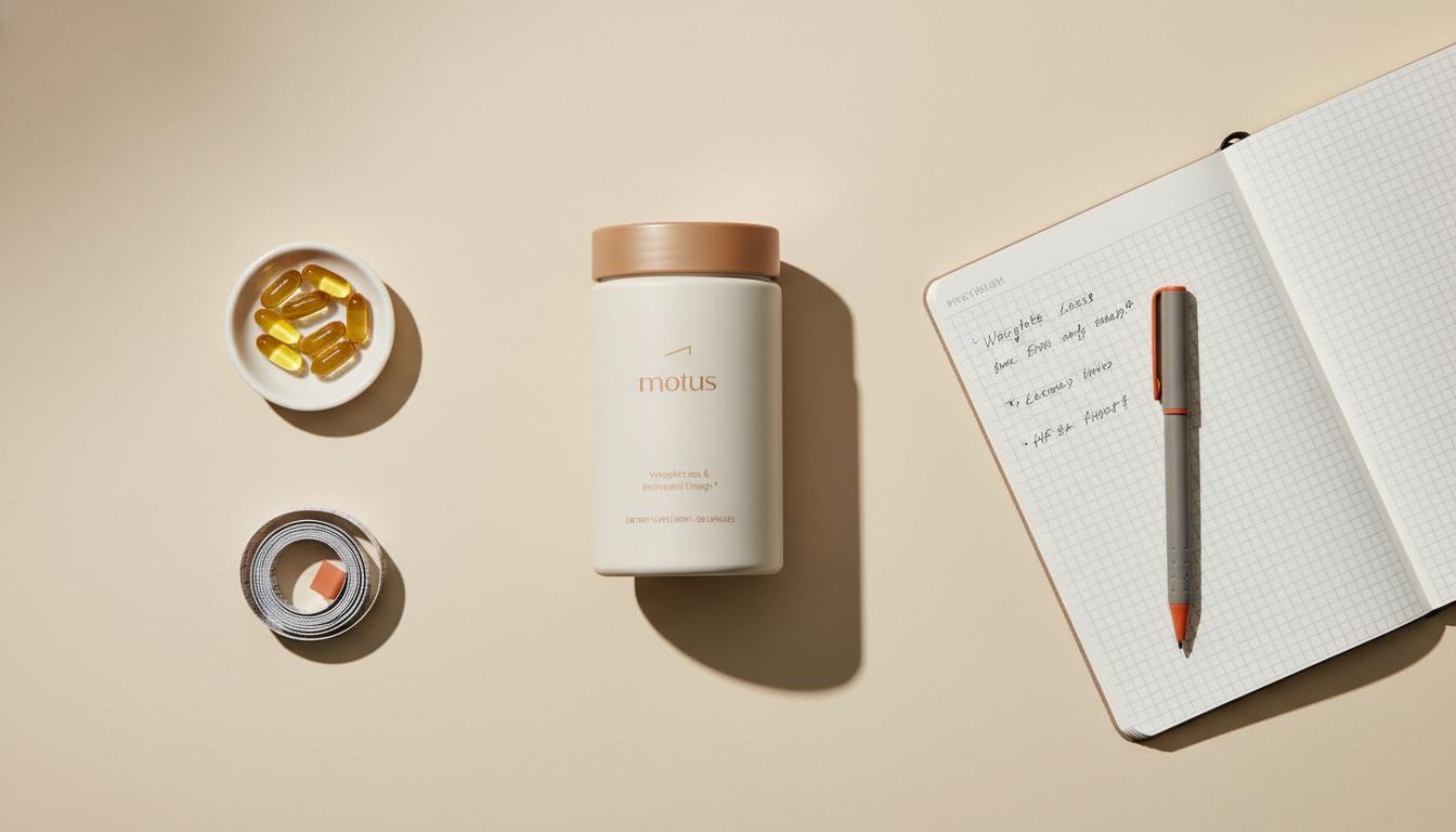 Flat-lay of Tonum Motus jar, berberine capsules in a white dish, measuring tape and open lab notebook — how quickly does berberine work for weight loss