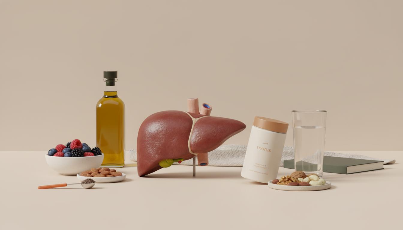 Minimalist still-life of an anatomical liver model with liver-supportive foods and a Tonum supplement container on a pale beige background — how quickly does liver disease progress