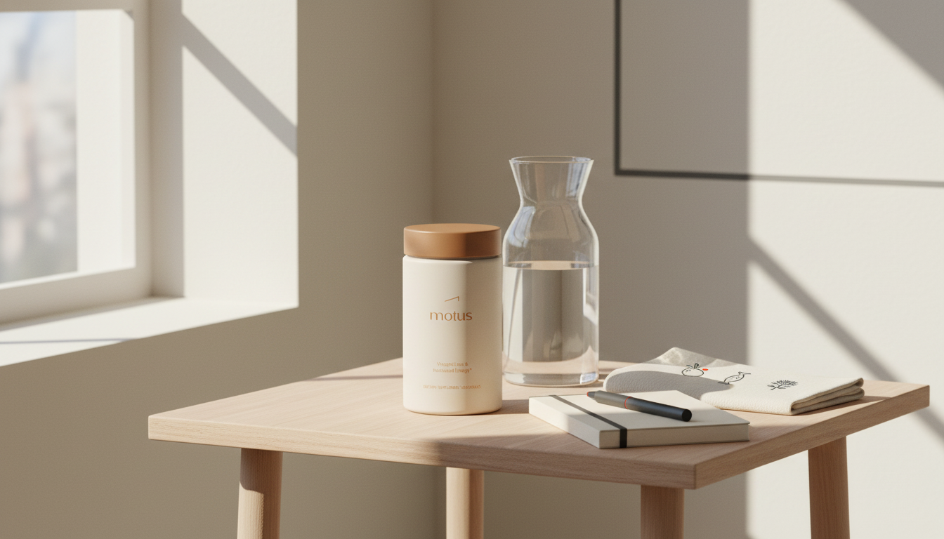 Minimal lifestyle photo of Tonum Motus supplement jar on a wooden table by a sunlit window with notebook, carafe of water and minimal berry, fish and milk thistle icons — how to become a nutrition coach