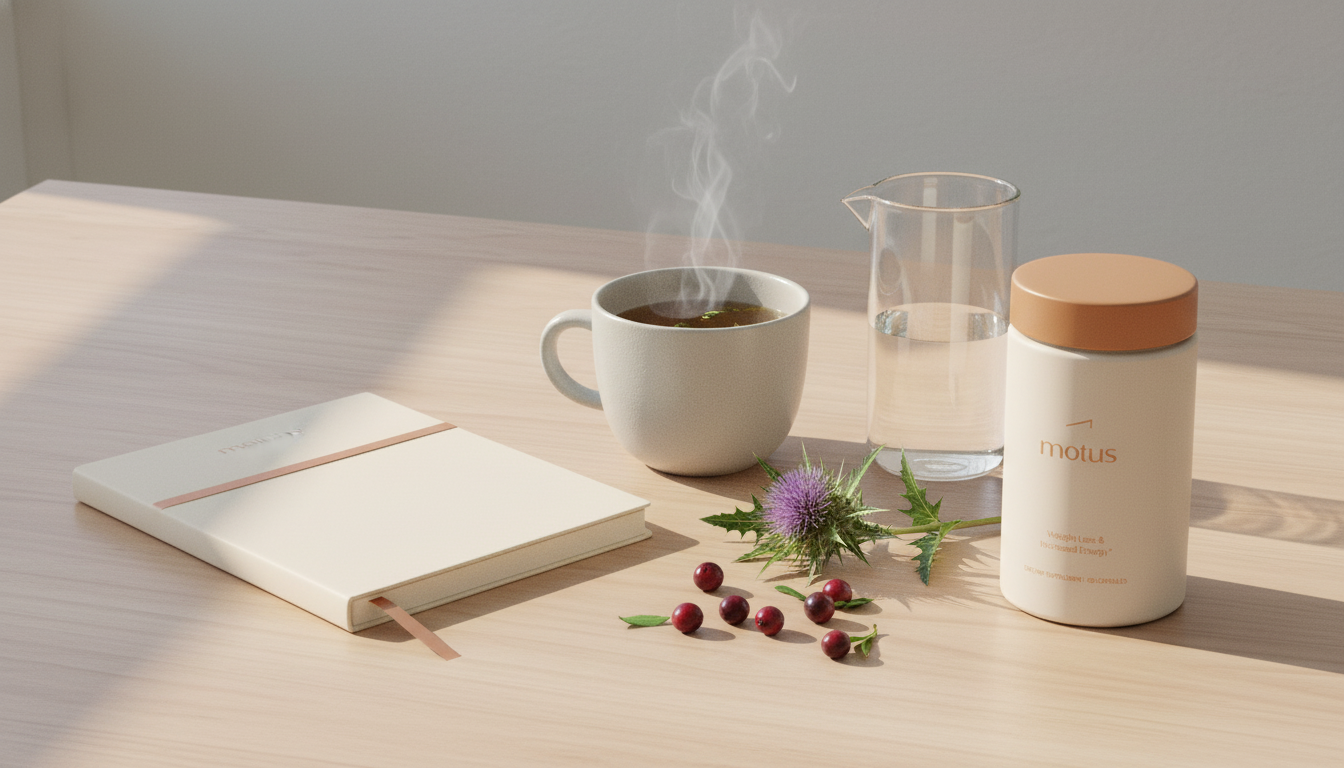 Minimalist morning desktop with Tonum supplement jar beside milk thistle sprig, berries, tea and water — how to boost memory and focus