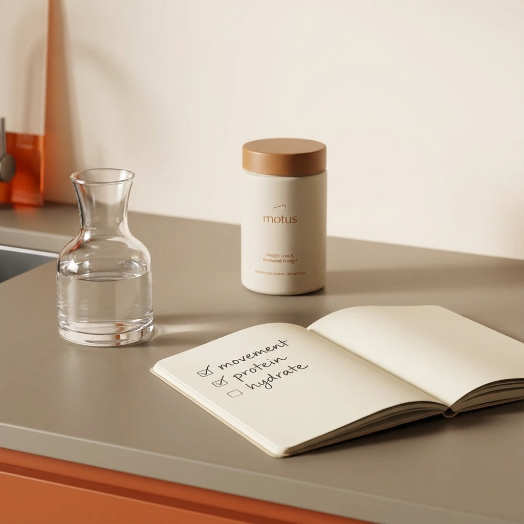 Minimalist kitchen still life with a Tonum supplement jar, glass carafe, and open notebook checklist (movement, protein, hydrate) illustrating how to boost metabolism naturally.