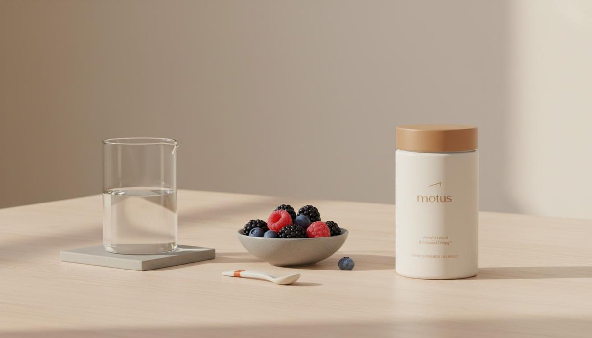 Minimalist Tonum tabletop with Motus supplement next to a glass carafe and bowl of berries on a beige background, calm clinical lifestyle scene — how to burn 1000 calories
