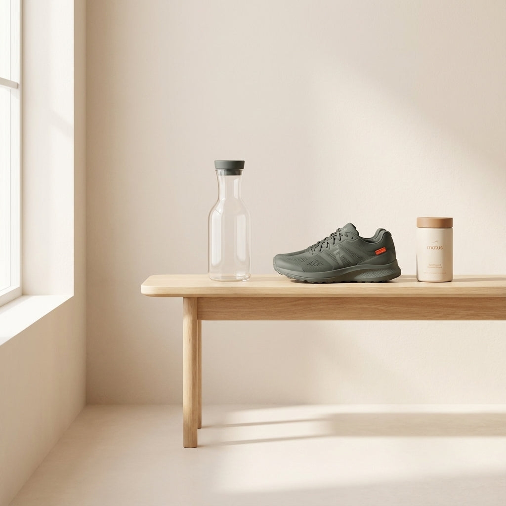 Minimalist morning scene with Tonum Motus supplement, running shoe and empty water carafe on a light wooden bench — visual for how to burn 1000 calories.