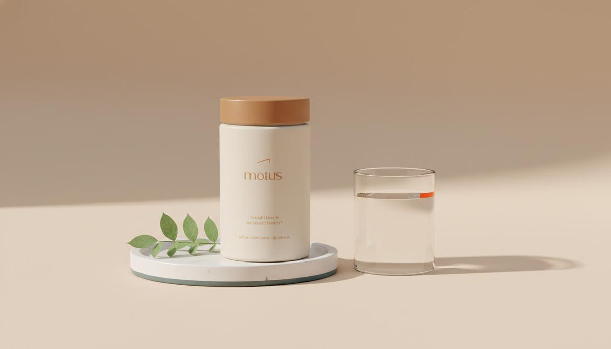 Minimalist product shot of Tonum Motus supplement jar on beige #F2E5D5 background with ceramic tray, leaves and water glass — how to burn fat fast naturally
