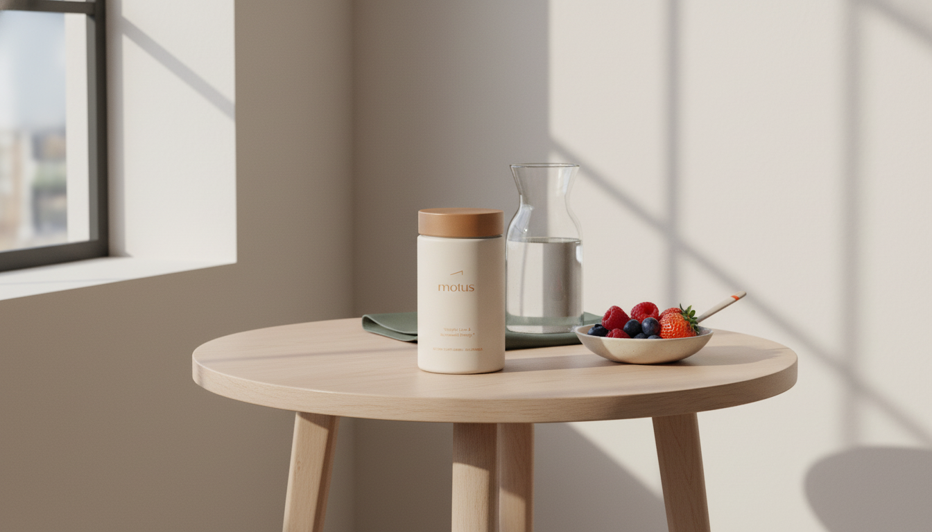 Minimalist sunlit scene with Tonum Motus supplement jar, carafe of water and bowl of berries on a wooden table, illustrating how to burn fat naturally