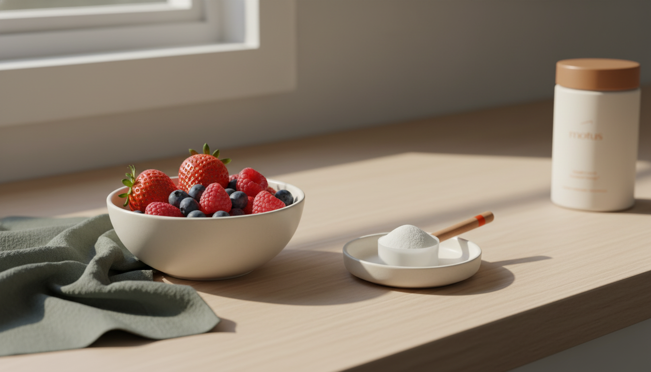 Minimal kitchen scene with a ceramic bowl of fresh berries, a small scoop of protein powder, and a Tonum product jar at the edge — how to choose the right protein powder