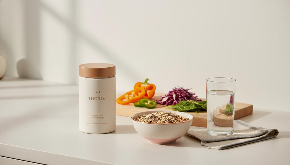 Tonum Motus container on a tidy kitchen counter beside a bowl of whole grains, wooden board with vegetables and a glass of water — How to fix your metabolism after Ozempic