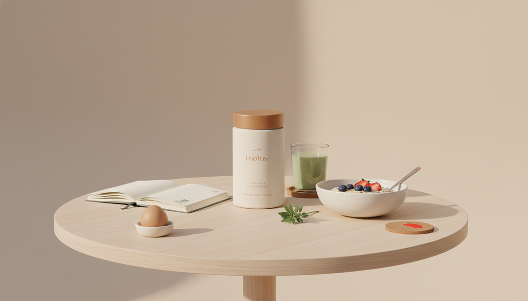 High-end lifestyle editorial photography for a luxury brand. Lighting is diffused and flattering, with no harsh shadows and no blown highlights. Film-inspired color grading, low contrast, preserved highlights, gentle shadow roll-off. Ultra-realistic, photorealistic, magazine-quality editorial lifestyle photography aligned with luxury wellness storytelling. Scene: modern, serene home setting with a stylish adult (gender-neutral) in elevated loungewear, morning light filtering through sheer curtains, a minimalist kitchen or dining nook. The person sets a calm wellness ritual: a glass of water, a journal, and two sleek supplement bottles (unbranded, neutral packaging) placed tastefully on a marble or light wood surface. Composition includes subtle details—fresh citrus, a linen napkin, soft greenery—evoking whole-person wellness. The mood is confident, curious, joyful. Camera: 35mm or 50mm lens look, shallow depth of field, crisp focus on hands and ritual objects, gentle bokeh in background. No visible logos, no text, no clutter. Natural skin texture, realistic tones, editorial styling, premium luxury wellness atmosphere.