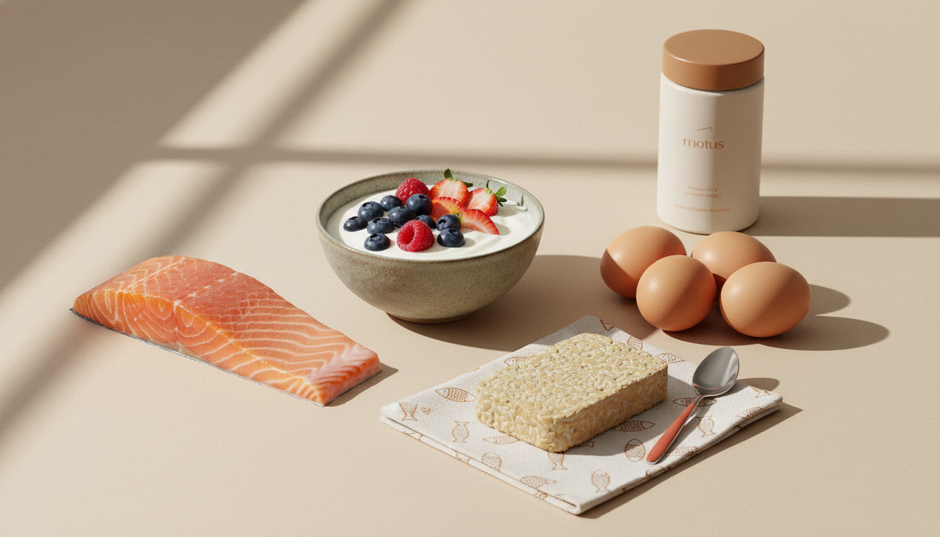 Minimalist flat-lay of salmon, Greek yogurt with berries, eggs and tempeh with a small Tonum Motus jar on a beige counter — how to get 150g of protein a day without protein powder