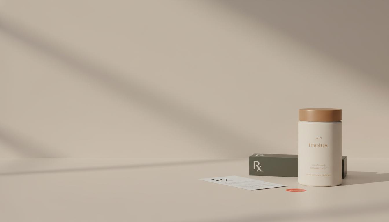 Minimalist pharmacy counter with prescription slip, medicine carton silhouette and Tonum Motus container on beige background — how to get Ozempic for $25