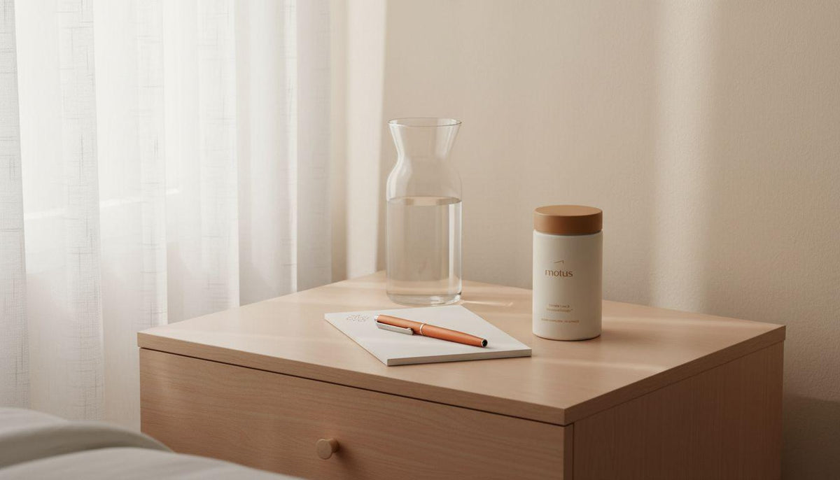 Minimalist bedside table with Tonum Motus supplement jar, water carafe and notepad suggesting daily routine — how to get rid of diabetes belly