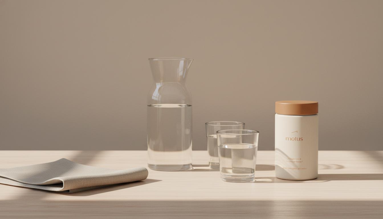 Minimalist still-life of a glass carafe, two water glasses, neutral linen napkin and Tonum Motus jar on a soft beige background showing how to get rid of hunger without eating