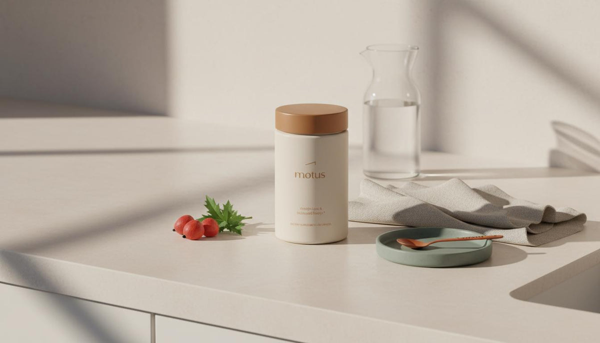 Minimalist kitchen counter with Motus supplement jar and Tonum icons (berries, milk thistle) on a #F2E5D5 background, calm scientific-meets-lifestyle scene — How to get Zepbound cheaper