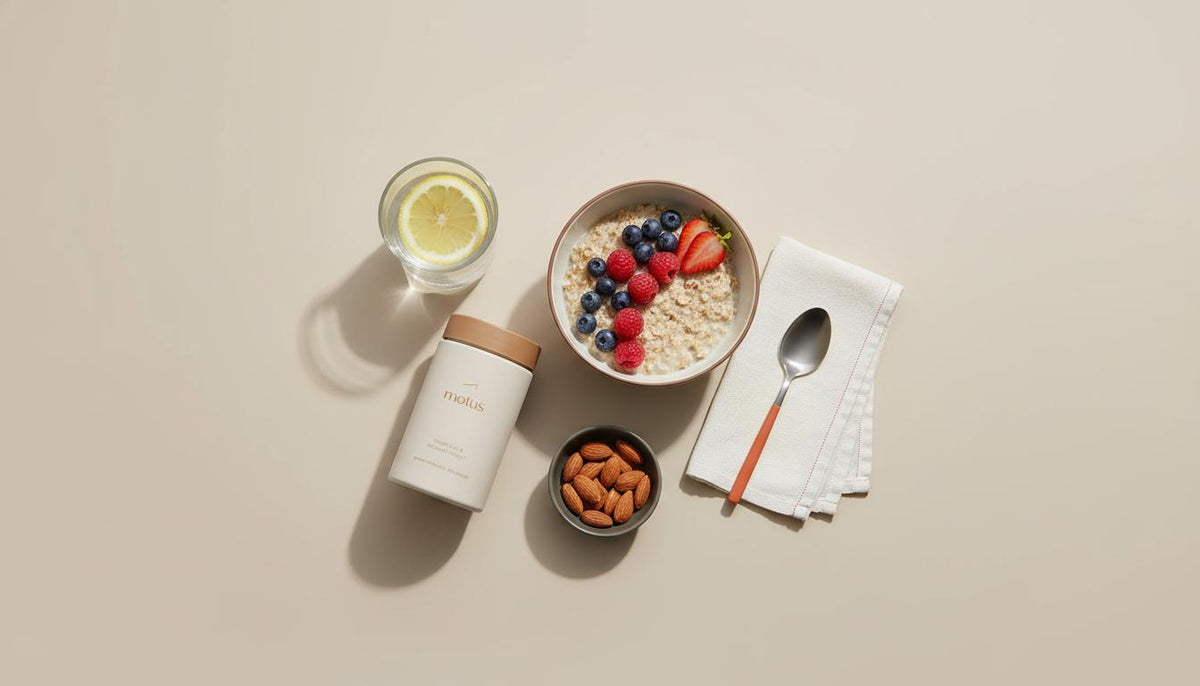Minimalist flat-lay of Tonum Motus supplement beside a bowl of high-fiber oats with berries, almonds and a lemon water glass on a beige surface, illustrating how to improve glucose metabolism