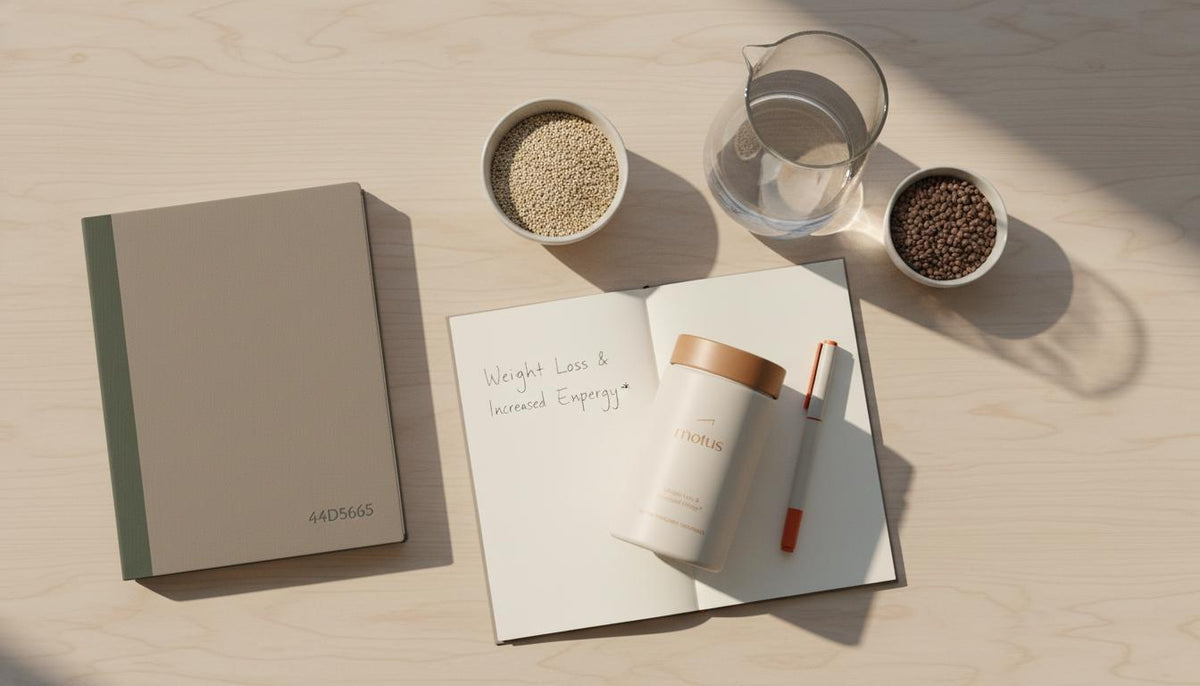Minimal flat lay of the Tonum supplement container with research binder, bowls of quinoa and lentils, water carafe and notebook on a beige background, showing how to improve insulin sensitivity in pregnancy