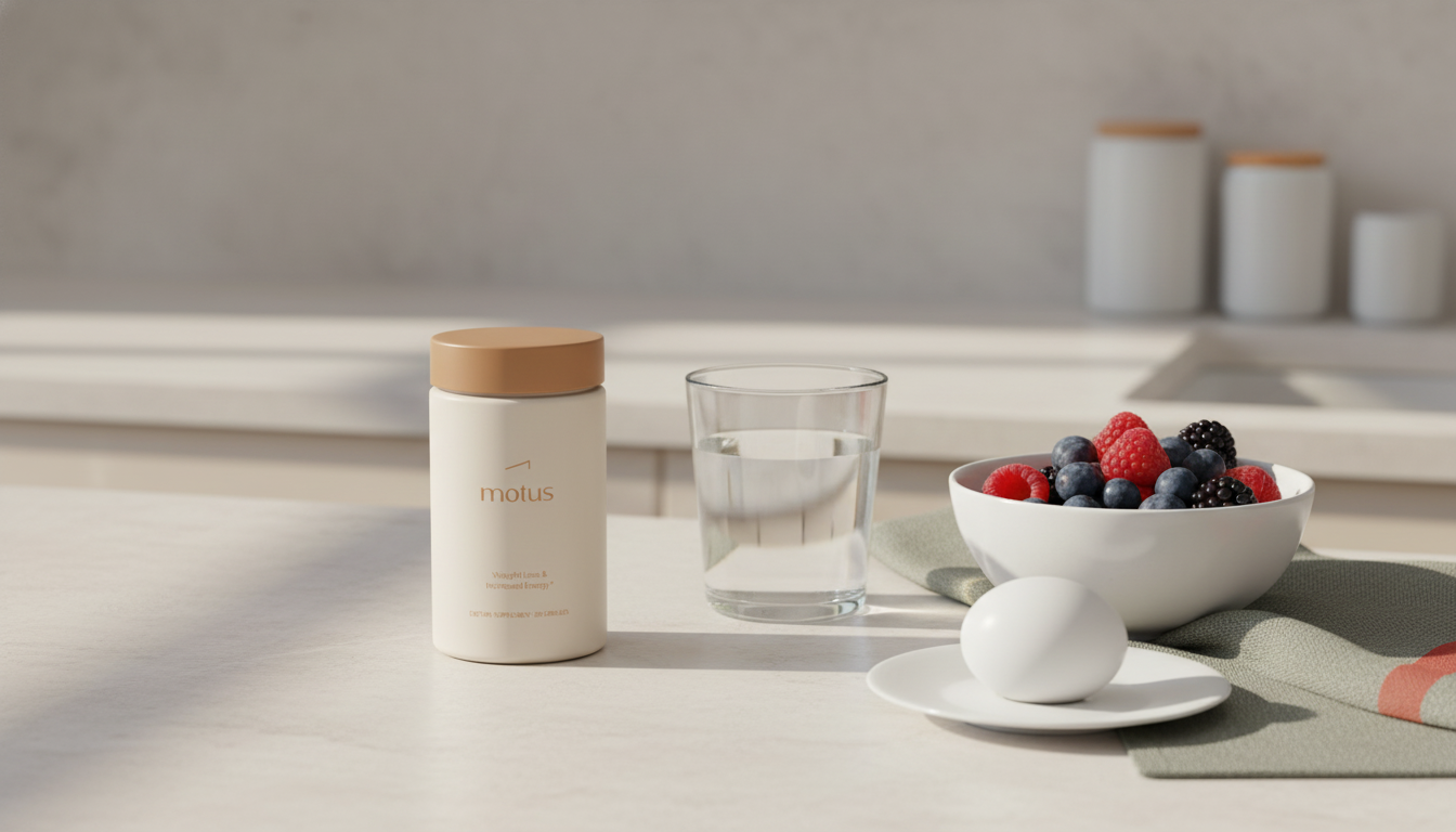 Tonum Motus supplement jar beside a bowl of berries, an egg and a glass of water on a minimalist kitchen table — how to jump start weight loss after 50
