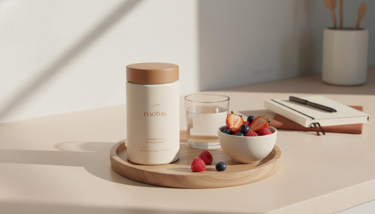 Minimalist kitchen scene with Motus supplement container, glass of water and bowl of mixed berries in soft morning light — how to lose belly fat fast