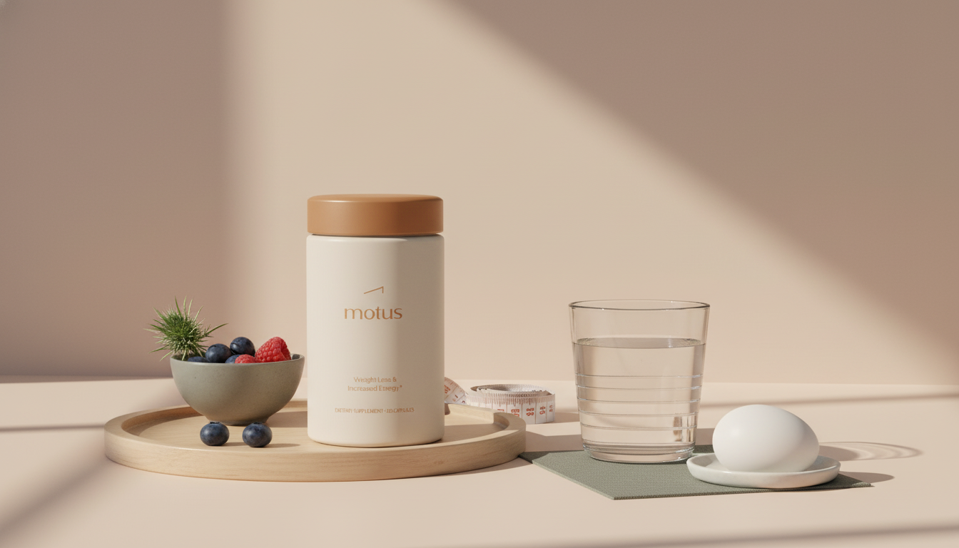 Minimal Tonum scene with Motus supplement jar, water glass, berries and measuring tape on beige background illustrating how to lose belly fat quickly