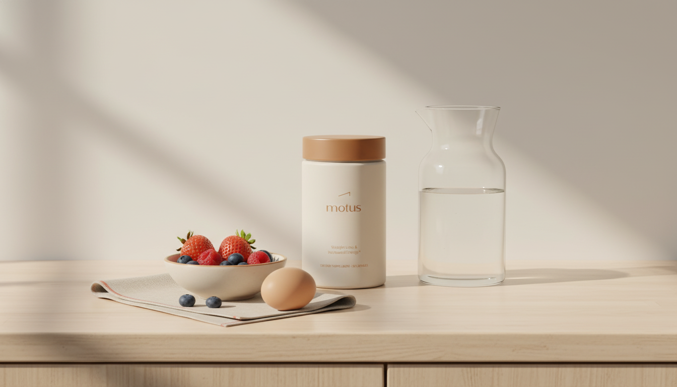 Minimalist kitchen counter with Tonum Motus supplement jar, carafe of water, bowl of berries and an egg in soft morning light, calm scientific lifestyle image for how to lose body fat.