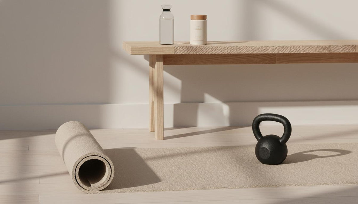 Minimalist home gym corner with kettlebell, glass water bottle and Tonum Motus supplement on wooden bench in soft daylight — how to lose tummy fat male