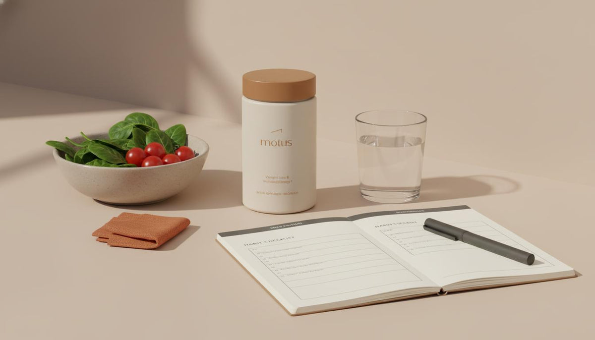 Minimalist kitchen counter with Tonum Motus container, bowl of fresh vegetables, glass of water and an open habit checklist illustrating how to lose weight fast naturally and permanently