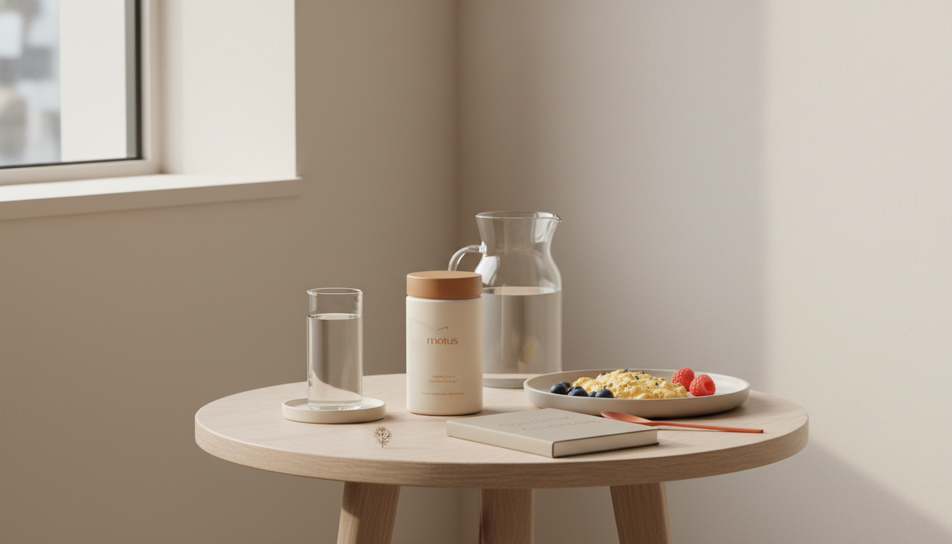 Minimalist kitchen scene with Tonum Motus jar beside carafe, plate of eggs and berries and notebook — calming daily ritual for how to lose weight fast urgently
