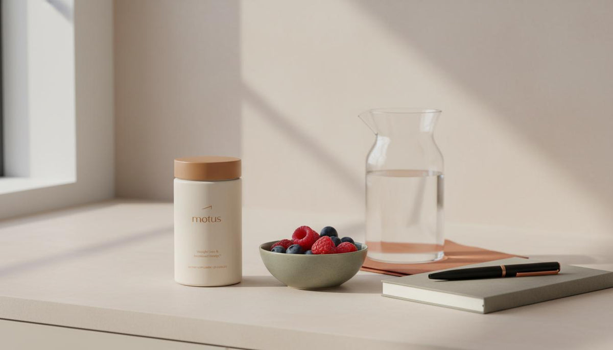 Minimalist kitchen counter with Tonum Motus supplement jar beside fresh berries, glass water carafe and notebook — calm lifestyle scene illustrating how to lose weight quickly safely