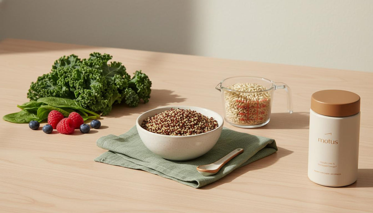 Minimalist flatlay of gluten-free whole foods and Tonum Motus bottle from reference photo on a wooden table, illustrating how to lose weight without gluten.