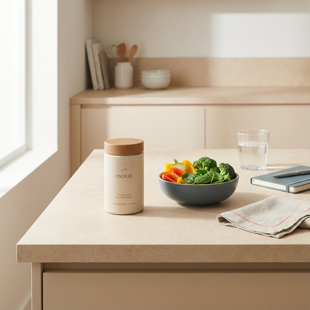 Minimal kitchen counter with Tonum Motus container beside a bowl of colorful vegetables and a glass of water, evoking how to lower blood sugar naturally.