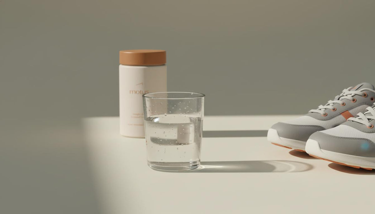 Minimalist Tonum scene with a clear glass of water on a beige #F2E5D5 surface, walking shoes at the edge and the Tonum supplement container in the background — how to lower blood sugar quickly