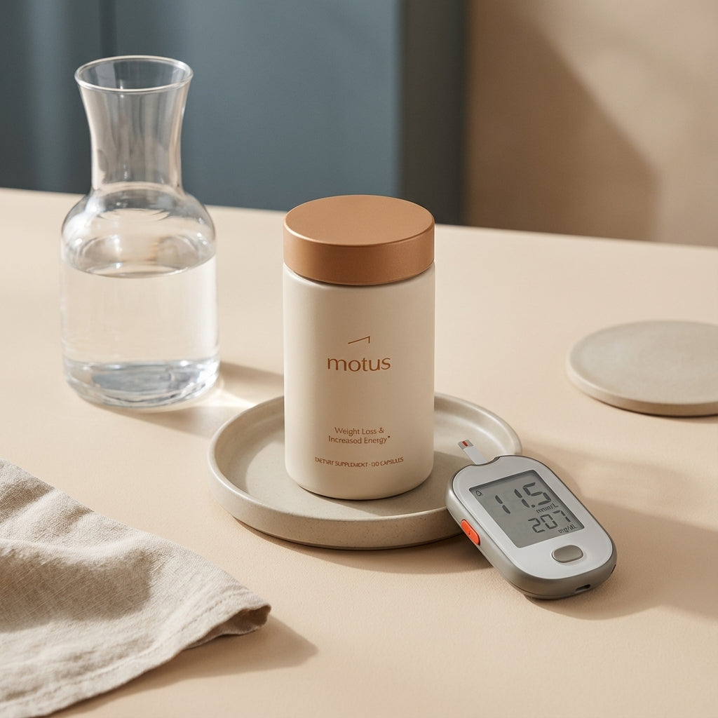 Minimalist Tonum supplement jar, glass carafe and glucose meter on a warm beige #F2E5D5 countertop, calm clinical-lifestyle scene illustrating how to lower blood sugar quickly.