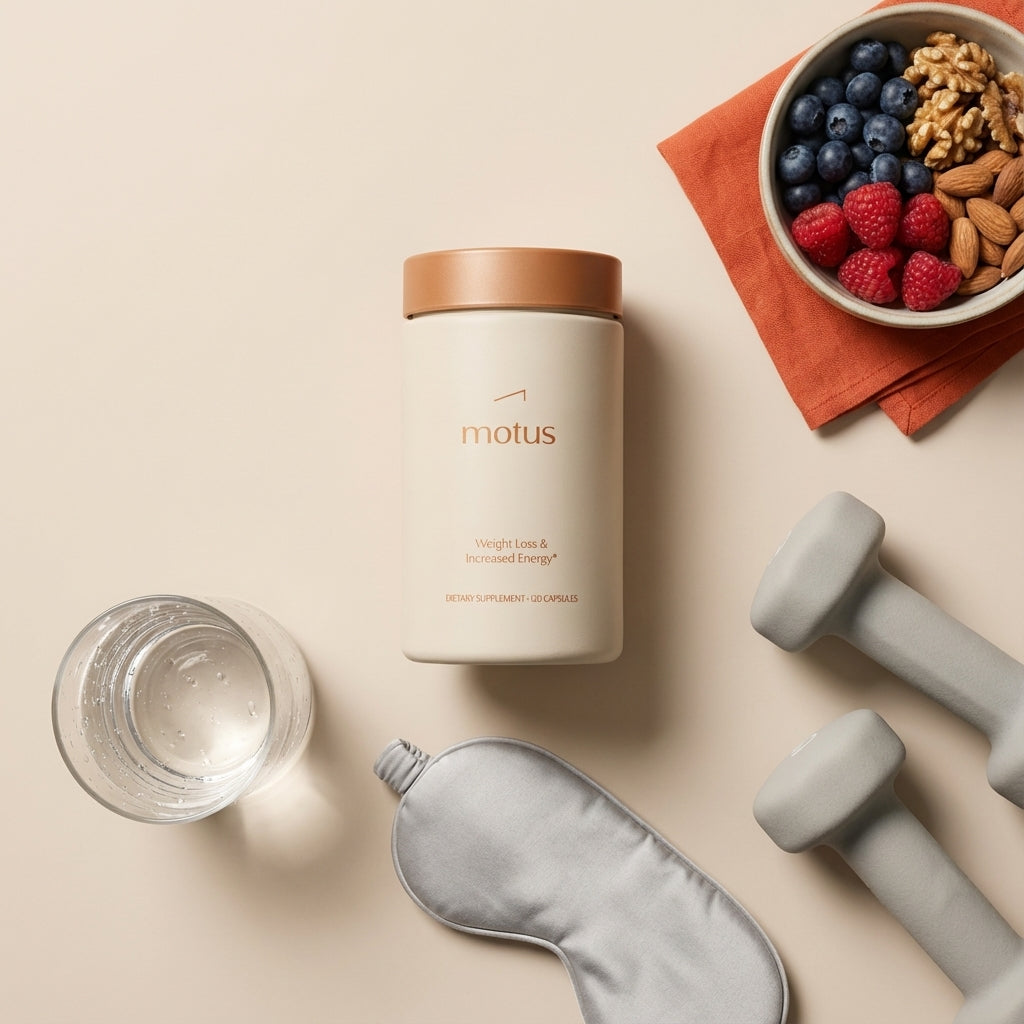Flat lay of Tonum Motus bottle with berries, nuts, light dumbbells, sleep mask and a glass of water on a #F2E5D5 background illustrating how to make your metabolism fast naturally.