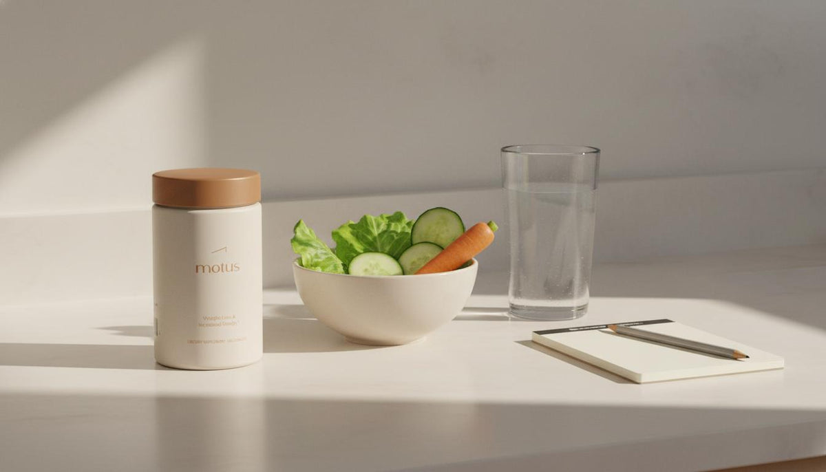 Minimal kitchen counter with Tonum Motus container beside fresh vegetables, water and a notepad, suggesting how to naturally lower blood glucose through simple nutrition and daily habits.