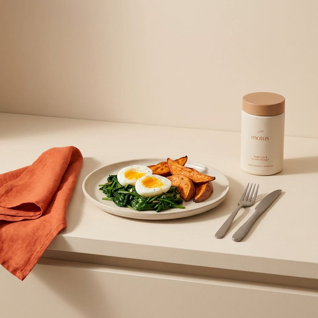 Minimalist kitchen counter with a balanced plate (eggs, spinach, roasted sweet potato) and Tonum Motus supplement bottle to the side, illustrating how to reduce PCOS belly