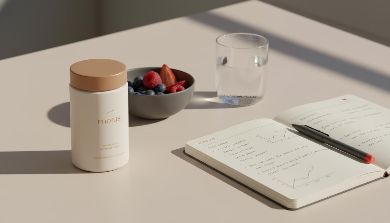 Minimalist Tonum Motus bottle beside a bowl of mixed berries, a glass of water and an open notebook on a clean background — how to repair mitochondria naturally
