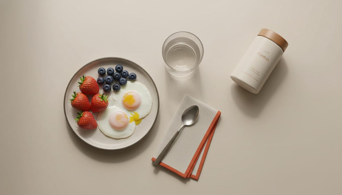 Minimalist breakfast scene with eggs, berries, water and a Tonum supplement jar, conveying steady energy and calm for how to stop craving sugar