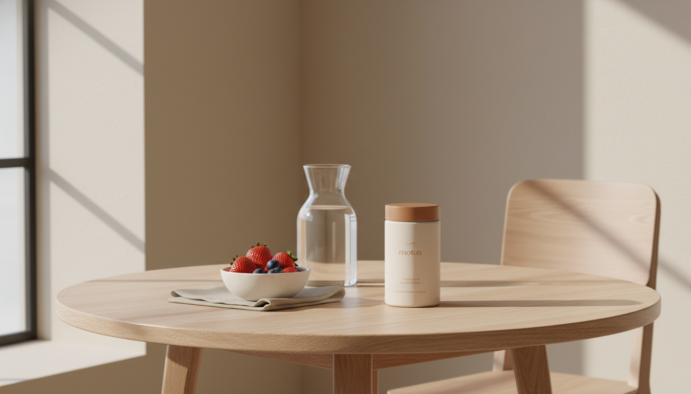 Minimal breakfast nook with Tonum Motus supplement jar beside a glass carafe, bowl of berries and beige napkin on a round wooden table in soft morning light — how to stop feeling hungry pills