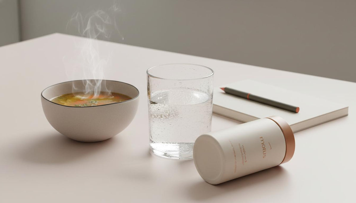 Minimalist still-life with a glass of water, bowl of warm vegetable broth, closed notebook and Tonum supplement jar — How to stop hunger without eating?