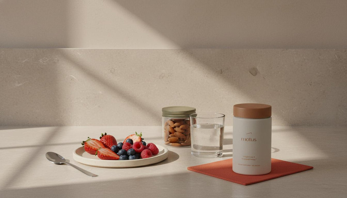 Minimalist kitchen still-life with mixed berries, jar of almonds, glass of water and Motus supplement, illustrating how to stop sugar cravings