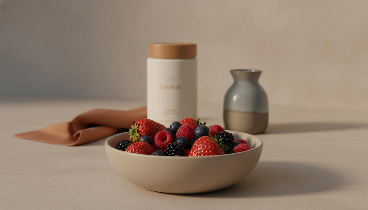 Minimalist twilight kitchen counter with a bowl of mixed berries and a Tonum Motus supplement container subtly out of focus, calm scientific lifestyle illustrating how to stop sugar cravings