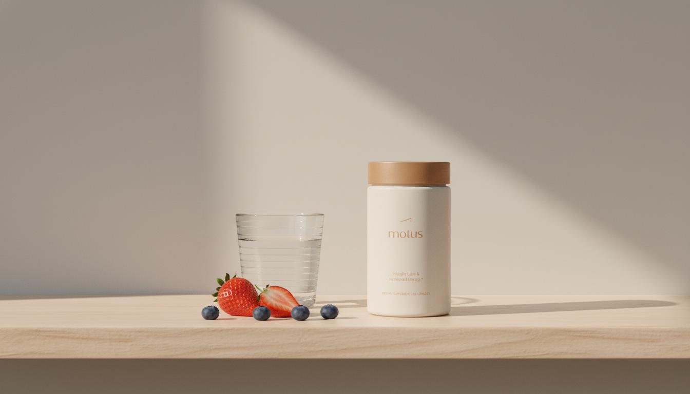 Minimalist clinical-lifestyle photo of Tonum Motus container on wooden shelf with glass of water and fresh berries against beige background #F2E5D5 — how to take niacin for weight loss