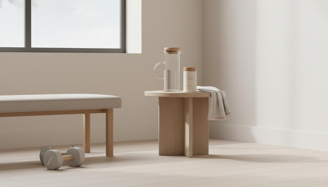 Minimal home workout corner with bench, light dumbbells and Tonum Motus supplement on a table, clean daylight scene — how to tell if weight loss is fat not muscle