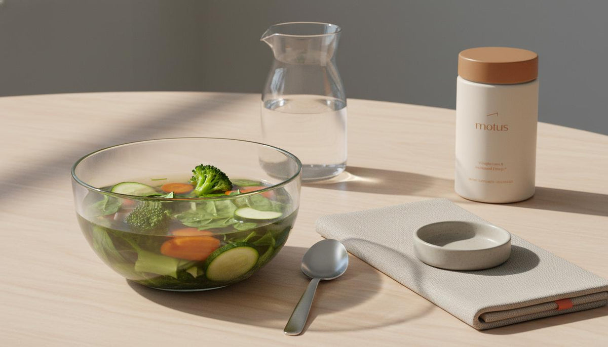 Minimalist still-life of vegetable broth, water carafe, linen napkin and Tonum Motus jar on a wooden table showing how to trick yourself into feeling full
