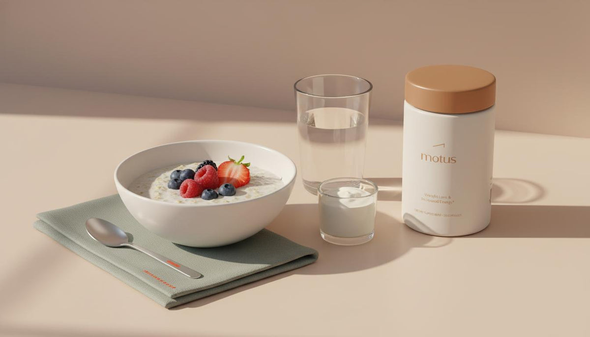 Minimalist breakfast still life with oatmeal, berries, Greek yogurt, water, and Tonum Motus container — conceptual image for how to trigger loss of appetite