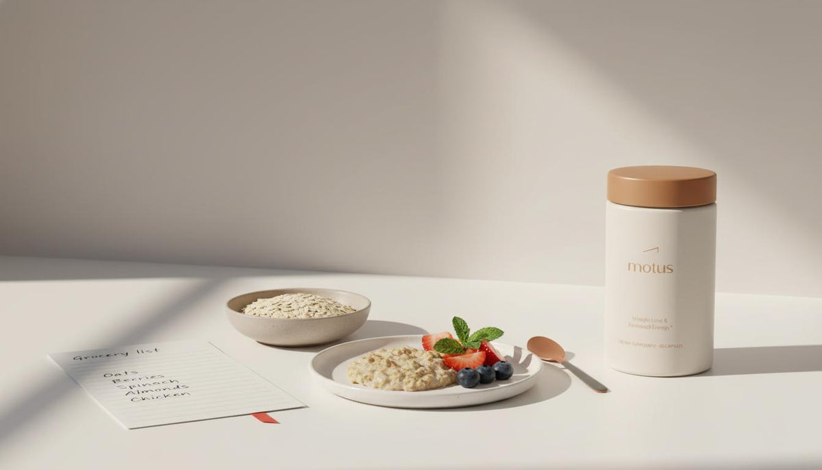 Minimalist still life of a Tonum Motus-style supplement container with a grocery list, bowl of whole grains and measured portions on a countertop — How to use ChatGPT as a nutrition coach